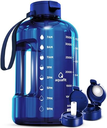 AQUAFIT Sports Motivational Water Bottle With Times To Drink , Straw, Time Marker for Gym- 128 oz - Large - Jug 1 Gallon