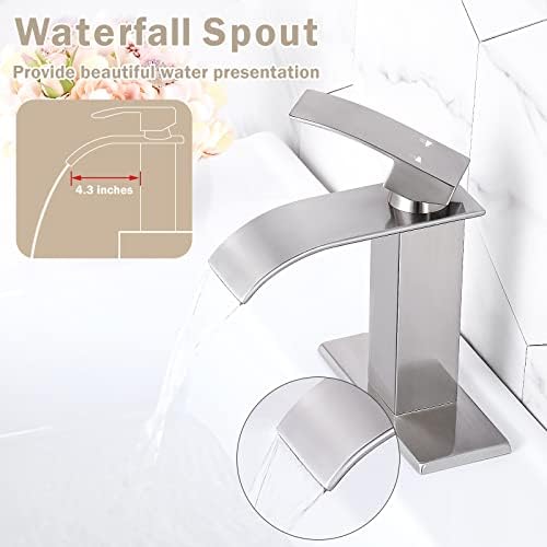 Qomolangma Waterfall Bathroom Faucet, Brushed Nickel Modern Single Handle Bathroom Faucets for 1 or 3 Hole Bathroom Sink Faucet Mixer Tap Washbasin Faucet with Deck, Pop-up Drain and Supply Hoses