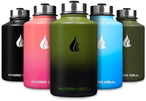 HYDRO CELL Stainless Steel Insulated Water Bottle with Straw - For Cold & Hot Drinks - Metal Vacuum Flask with Screw Cap and Modern Leakproof Sport Thermos for Adults (Army/Black 64oz)
