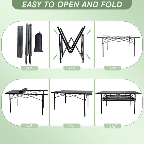 Large Folding Camping Table Aluminum with Storage for 4-6 People 55"X27.5" Roll Up Tall Outdoor Portable Table Lightweight with Carry Bag for Picnic BBQ Backyard Beach