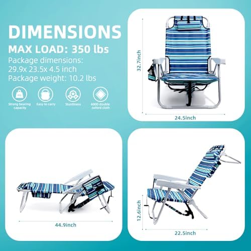 Beach Chairs for Adults Heavy Duty, Compact Portable Lay Flat Folding Chair with Backpack Straps and Large Cooler Pouch, Support to 350LBS (Stripes_Blue&Cyan)