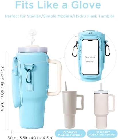 dabria Water Bottle Carrier Bag with Phone Pocket for Stanley 40/30 oz Tumbler Neoprene Water Bottle Holder Pouch with Adjustable Strap Bollus with Straw Cover & Carabiner for Stanley Cup Accessories