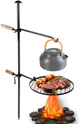Campfire Grill Open Fire Cooking Equipment for Camping with Height Adjustable Swivel Grill Grate and Hanger Rod