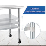 HARDURA Stainless Steel Table with Wheels 24 x 48 Inches Casters NSF Heavy Duty Commercial Work & Prep Table with Undershelf and Galvanized Legs for Restaurant Kitchen Bar and Hotel Garage