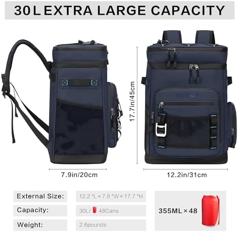 48Cans Large Cooler Backpack, Leakproof Insulated Backpack Cooler for Men & Women, Waterproof, 30L, Dark Blue