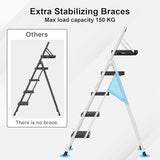 BONTEC 4-Step Ladder, 400lbs Max Load, Folding Step Stool with Tool Tray, Anti-Slip Pedals, Sturdy Steel, Lightweight Portable Ladder with Handrail for Home & Work Use, White