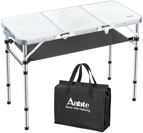 Folding Camping Table with Storage Net, 3ft Camping Table Aluminum Folding Table with 3 Adjustable Height Max 27.1 Inch, Portable, for Outdoor Backyard BBQ, Silver