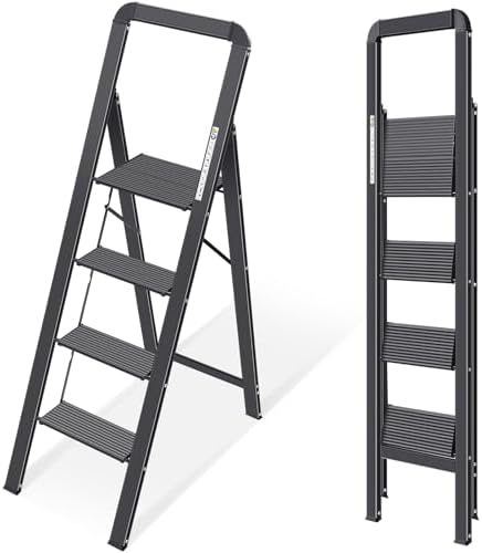 KINGRACK Aluminium 4 Step Ladder, Lightweight Step Stool with Non-Slip Pedals, Handrail, Foldable Step Ladder for Kitchen, Garage, Home, Space Saving, Sturdy and Portable, Black