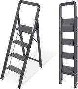 KINGRACK Aluminium 4 Step Ladder, Lightweight Step Stool with Non-Slip Pedals, Handrail, Foldable Step Ladder for Kitchen, Garage, Home, Space Saving, Sturdy and Portable, Black