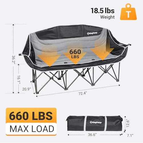 KingCamp Double Camping Chair, Oversized Heavy Duty Loveseat for Adults Portable Folding XL 2 Person Couch Padded Comfortable Two Seat with Cup Holder for Outdoor Lawn Backyard