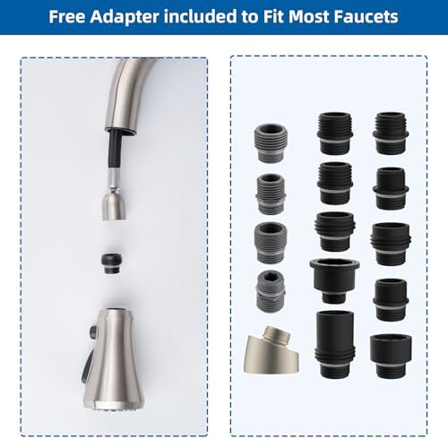 Hibbent Pull Down Kitchen Faucet Head Replacement, 3-Function Kitchen Faucet Head Sink Spray Nozzle with 15 Adapters Compatible with Moen, American Standard, Delta, Kohler Faucets, Brushed Nickel