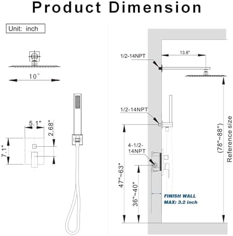 Brushed Nickel Shower System, Shower Faucet Set with 10-Inch Rain Showerhead and Handheld Spray, Wall Mounted High-Pressure Showerhead Combo Set Included Valve and Trim, Brushed Nickel