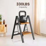 HBTower 2 Step Stool,Lightweight Aluminum Folding Step Stool with Anti-Slip Wide Pedal,330lbs Capacity 2 Step Ladder for Household,Kitchen,Office - BlackWoodgrain