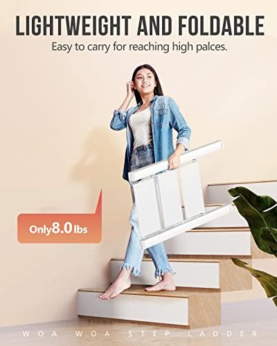 WOA WOA 3 Step Ladder, Foldable Step Stool, Aluminum Lightweight Ladder for Home Kitchen Closet, Anti-Slip Pedals, Ease of Folding, Portable, 300lbs Capacity - White