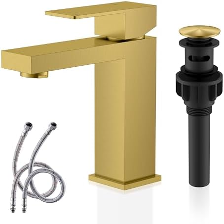 KENES Brushed Gold Bathroom Faucets, Modern Single Hole Lavatory Vanity Faucet, Single Handle Bathroom Sink Faucet Gold, with Pop Up Drain & Water Supply Hoses LJ-9031-4