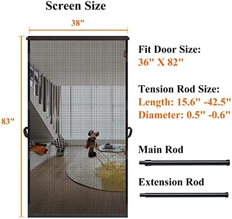 MAGZO Hanging Screen Door, Fits Door Size 36" x 82" (Curtain Size 38'' x 83''), Upgraded Fiberglass Mesh Net with Tension Rod&Hook&Loop (One Piece Can be Installed in 2 Ways), Weighted Bottom, Grey