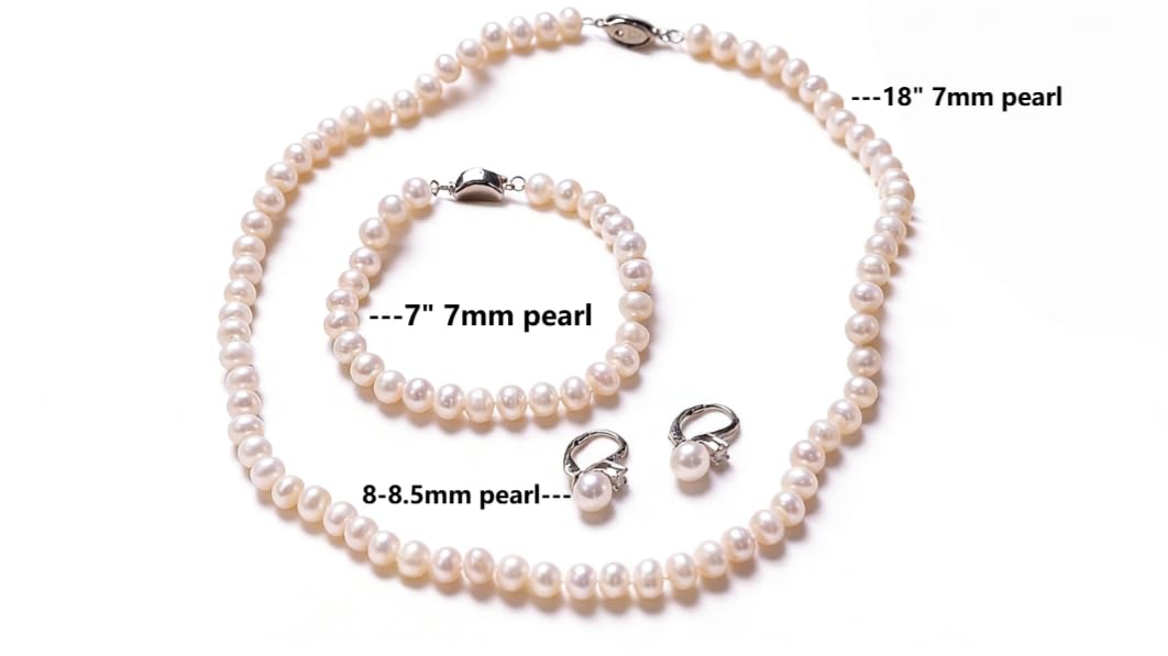 Freshwater Pearl Necklace Set Includes Bracelet and Earrings Genuine Pearl Set Jewelry for Women 925 Sterling Silver Pearl Jewelry for Mother's Day, Anniversary, Birthday, Valentine's Day, Wedding