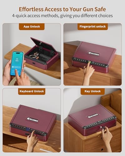 BILLCONCH Gun Safe for Handgun - Biometric Gun Safe 4 Ways Quick Access with Fingerprint/Full-digital Keypad/Key/APP Lock Handgun Pistol Safe for Nightstand Bedside Home - Burgundy Red