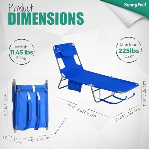 SUNNYFEEL Beach Lounge Chair, Backpack Reclining Beach Chairs Lay Flat, Sun Face Down Tanning Chair, Folding Camping Chairs Portable Camp Cot with Backpack Straps for Outdoor/Picnic/Lawn
