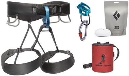 Black Diamond Mens Momentum Rock Climbing Harness Package with Harness, Chalk Bag, Chalk, Locking Carabiner, and Belay Device