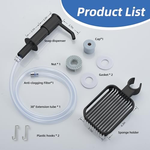 Soap Dispenser for Kitchen Sink, Built in Soap Dispenser Pump with Sponge Holder, Under Counter Black ABS Pump Head with 38" Extension Tube Kit, Good Suction Power (Black)