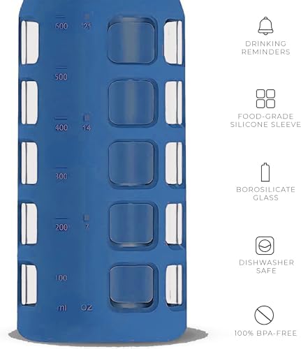 purifyou 40/32/22/12 oz Borosilicate Glass Water Bottles with Volume Markers, Silicone Sleeve, Stainless Steel Lid, Reusable Bottle for Water, Juice, Gym, and Fridge Storage (22oz Chinese Porcelain)