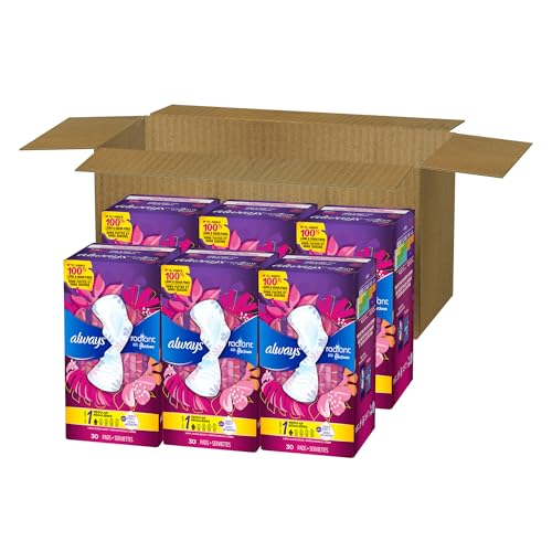 Always Radiant Feminine Pads for Women, Flexfoam Pads with Wings, Size 1, Regular Absorbency, Lightly Scented, 30 Count x 6 Packs (180 Count total) (Packaging May Vary)