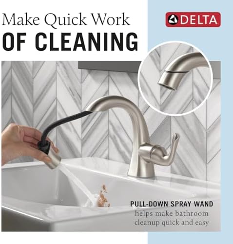 Delta Arvo 1 Hole Pull Down Bathroom Faucet with Sprayer, Brushed Nickel Single Hole Bathroom Sink Faucet with Pull Out Sprayer for Vanity, Push-Pop Drain, SpotShield Stainless 15840LF-SPPD