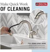 Delta Arvo 1 Hole Pull Down Bathroom Faucet with Sprayer, Brushed Nickel Single Hole Bathroom Sink Faucet with Pull Out Sprayer for Vanity, Push-Pop Drain, SpotShield Stainless 15840LF-SPPD