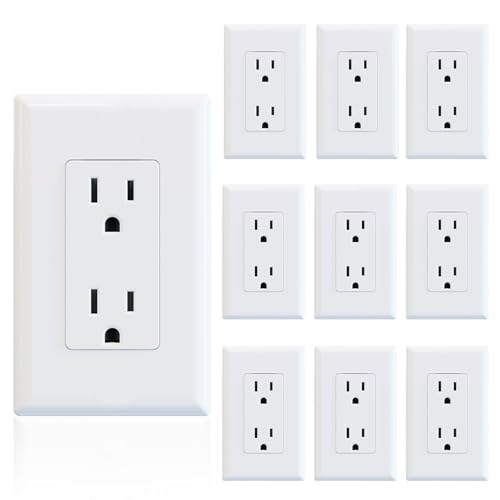 ELEGRP Decorator Receptacle, 15A 125V Standard Electrical Wall Outlet, Non-TR, 2 Pole 3 Wire, Self-Grounding Residential Grade, Screwless Wall Plate Included, UL Listed (10 Pack, Glossy White)
