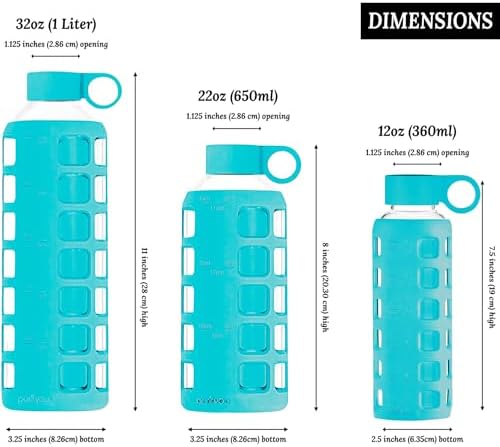 purifyou 40/32/22/12 oz Borosilicate Glass Water Bottles with Volume Markers, Silicone Sleeve, Stainless Steel Lid, Reusable Bottle for Water, Juice, Gym, and Fridge Storage (32oz Aqua Blue)