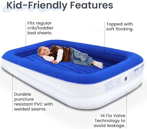 King Koil Luxury Toddler Inflatable Child Airbed, Travel Bed with Built-in Safety Bumper, Portable Air Mattress for Kids, Includes High-Speed Pump - Blue, 1-Year Manufacturer Warranty