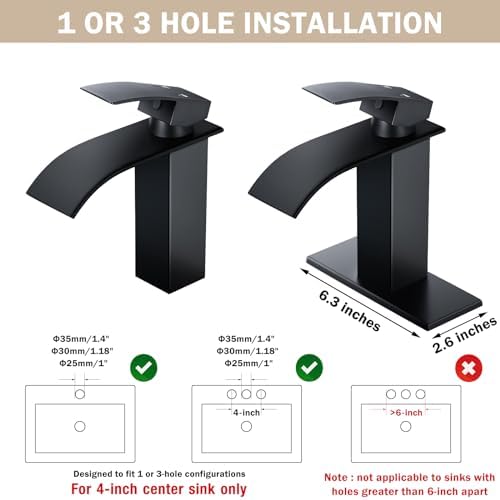 Qomolangma Waterfall Bathroom Faucet, Matte Black Modern Single Handle Bathroom Faucets for 1 or 3 Hole Bathroom Sink Faucet Mixer Tap Washbasin Faucet with Deck, Pop-up Drain and Supply Hoses