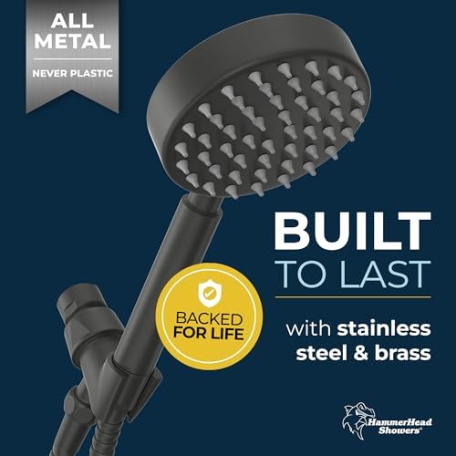 HammerHead Showers® ALL METAL Handheld Shower Head with Hose and Brass Holder - MATTE BLACK - 2.5 GPM High Pressure Shower Heads with Adjustable Shower Wand Bracket - 6ft Flexible Extension