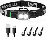 Foxelli Ultra Bright Rechargeable Headlamp – 18650 Battery, IPX7 Waterproof, 1200 Lumen LED Light for Work & Outdoors, with Battery & Hooks - Perfect for Hard Hat or Helmet