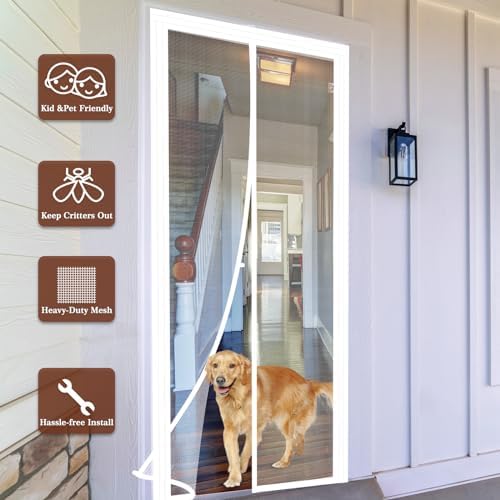 Yotache Adjustable Magnetic Screen Door Fit Doors Size Width 29"-33" Height 79"-81", Reinforced Polyester Mesh with Full Frame Hook&Loop Strip, White