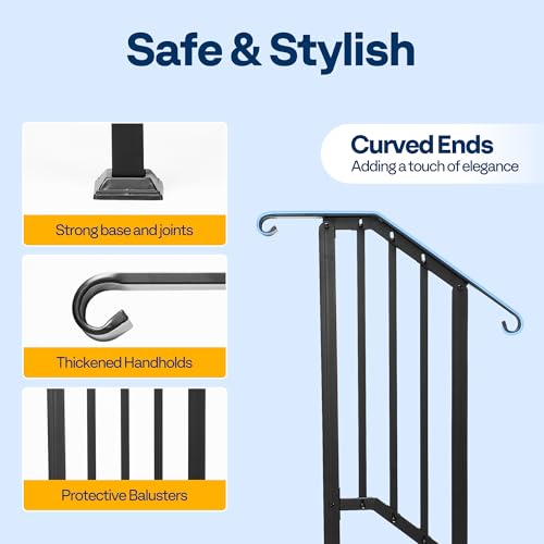 VIVOHOME 2-Pack Wrought Iron Hand Rails for Outdoor Steps – 13.5" Curved Ends and Safety Balusters Exterior Railing Kit for Porch, Deck, or Indoor Stairs (2-Step, Black)