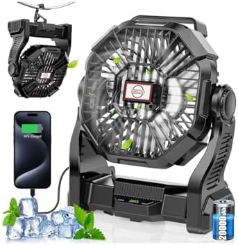 20000mAh Rechargeable Camping Fan with LED Lantern,Portable Battery Powered Outdoor Fan for Bedroom,Camping,Travel,Hiking,Beach,Office,Trave Accessories(Black)