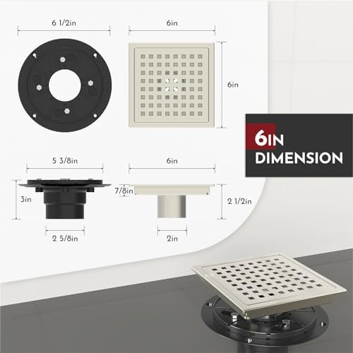 6 Inch Square Shower Floor Drain with Flange,Quadrato Pattern Grate Removable,Food-Grade SUS 304 Stainless Steel,Watermark&CUPC Certified,Brushed Nickel