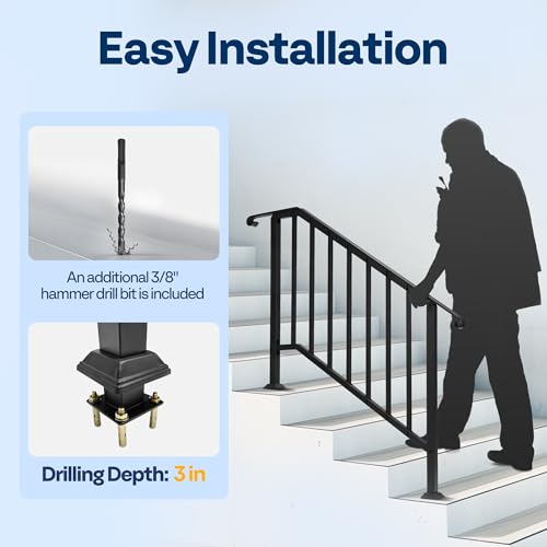 VIVOHOME 2-Pack Wrought Iron Hand Rails for Outdoor Steps – 40.6" Curved Ends and Safety Balusters Exterior Railing Kit for Porch, Deck, or Indoor Stairs (4-Step, Black)