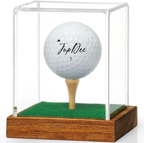 JupDec Golf Ball Display Case Clear Acrylic Memorabilia Stand Cube Holder with Wood Base & Tee, Dust Protection Transparent Storage Box for Single Ball Souvenir Golfball Collections, Brown, 1 Pack