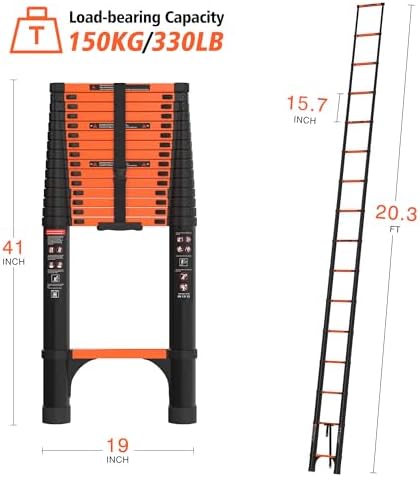 20.3FT Telescoping Ladder, Portable Extension Folding Ladder, Multi-Purpose Compact Telescopic Ladder for Household or Outdoor Work, 330lbs Max Capacity