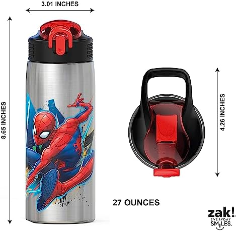 Zak Designs 27oz Marvel 18/8 Single Wall Stainless Steel Water Bottle with Flip-up Straw and Locking Spout Cover, Durable Cup for Sports or Travel (27oz, Spider-Man)