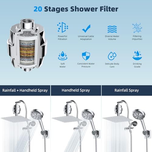 Hibbent All Metal 10'' Dual Filtered Rainfall Shower Head Combo, High Pressure Handheld Shower Head with 12'' Adjustable Curved Extension Arm, 20 Stage Shower Filter, 10-spray, 71'' Hose, Chrome