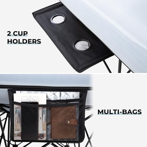 FUNDANGO Queen Camping Cot, 2 Person Folding Airbed Mattress, Double Camp Bed with 2 Cup Holders, Removeable Cover for Adults Outdoor Travel,Carry Bag Included (Grey)