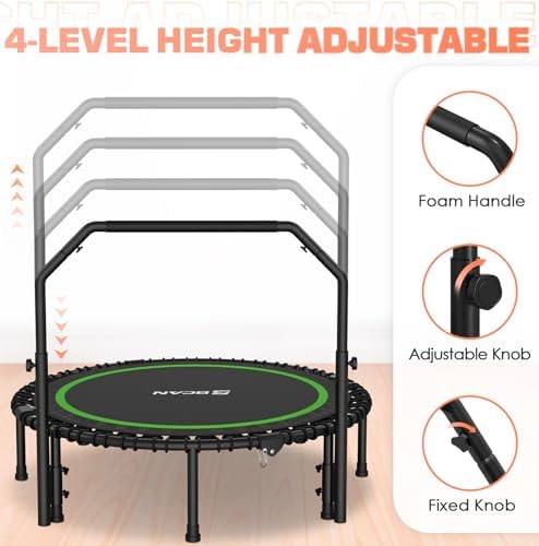 BCAN 450/550 LBS Foldable Mini Trampoline, 40"/48" Adult Fitness Trampoline with Bungees, U Shape Adjustable Foam Handle, Stable & Quiet Exercise Rebounder,Indoor/Outdoor Workout