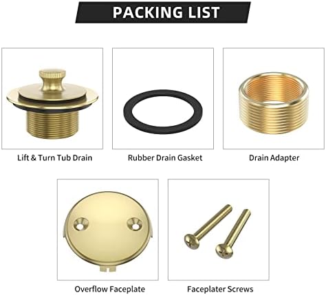 Brushed Gold Bathtub Drain Bath Tub Trim Set Conversion Kit Assembly, All Brass Lift and Turn Twist Tub Drains Replacement Trim Kit with Two-Hole Overflow Faceplate