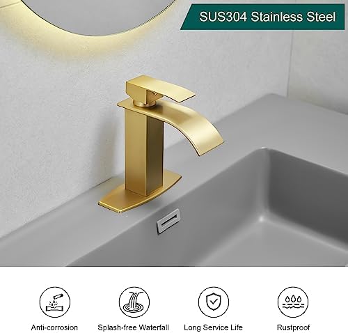 Hoimpro Brushed Gold Waterfall Spout Single Hole Bathroom Faucet, Stainless Steel Single Lever Bathroom Vanity Sink Faucet with Drain, cUPC Hose and Deck Plate