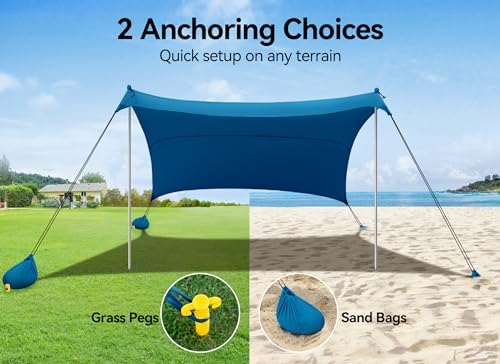 Beach Tent, Camping Sun Shelter 10 x 10ft, with 4 Sandbags, UPF50+, Includes Sand Shovel, Ground Pegs & Stability Poles, Pop Up Beach Canopy Sunshade for Fishing, Backyard Fun or Picnics (Navy Blue)