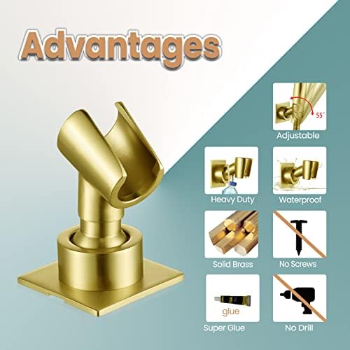 Shower Head Holder Handheld Shower Wand Holder Adjustable Shower Head Bracket Shower Wall Mount Holder, Brushed Brass/Gold Finish, Drill Free Glue Installation